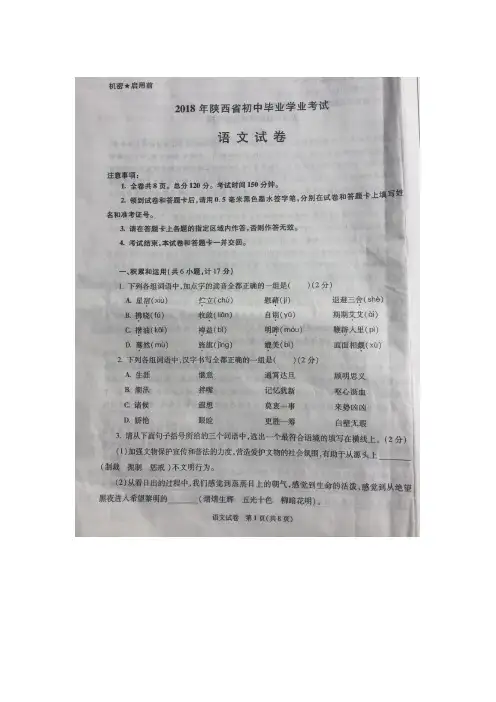 2018陕西省中考语文试卷(含答案)