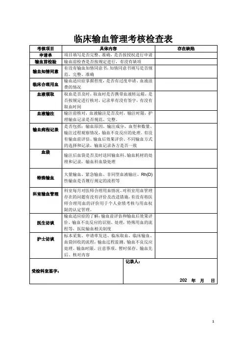 临床输血管理考核检查表