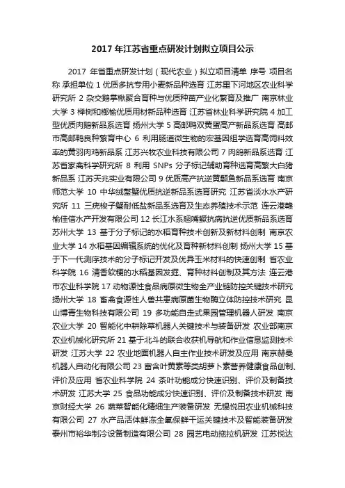 2017年江苏省重点研发计划拟立项目公示