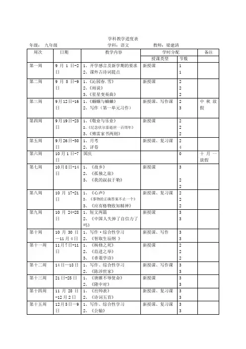 人教版九年级上册语文教学进度表