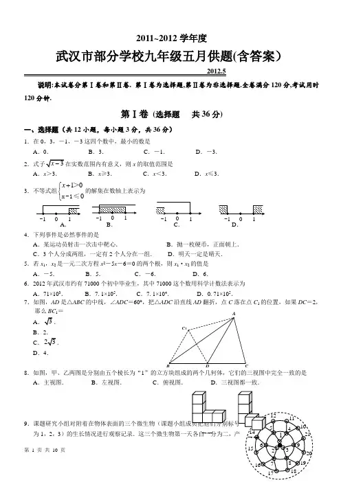 2012年五月武汉市部分学校九年数学级五月供题(含答案)