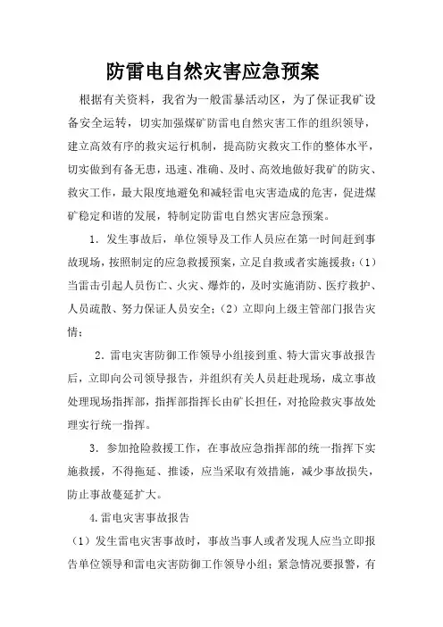 煤矿防雷电自然灾害应急预案