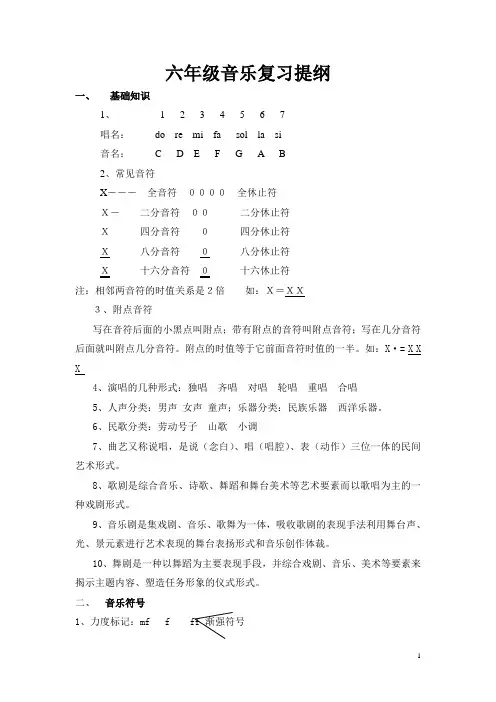 六年级音乐复习提纲