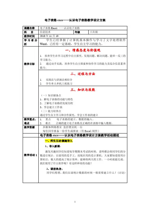 电子表格excel—认识电子表格教学设计方案