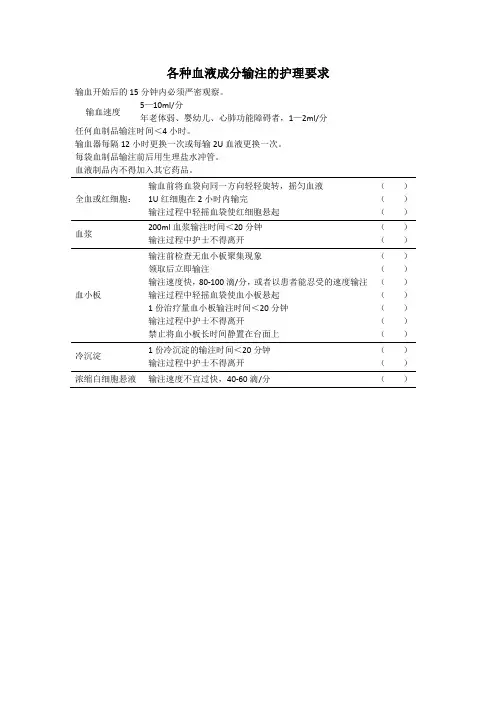 各种血液成分输注的护理要求 2