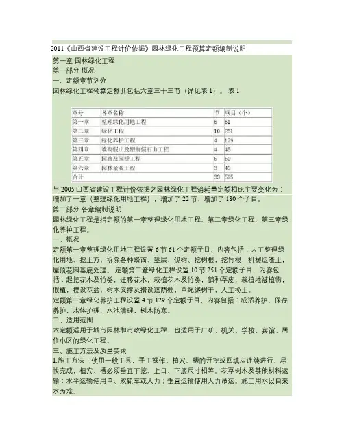 2011《山西省建设工程计价依据》园林绿化工程预算定额编制说明.