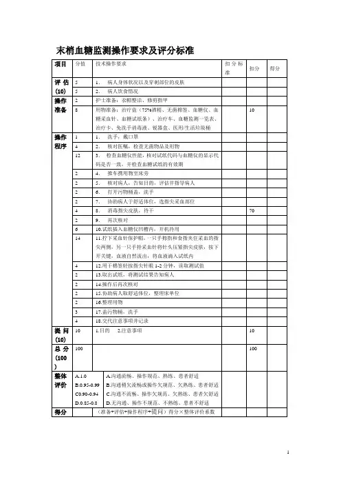 末梢血糖监测操作要求及评分标准