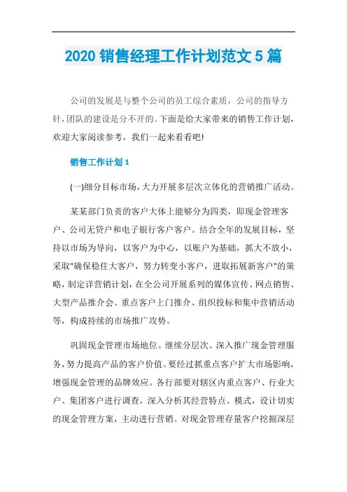 2020销售经理工作计划范文5篇