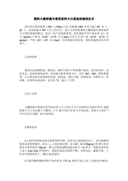 塑料大棚春提早番茄复种大白菜高效栽培技术