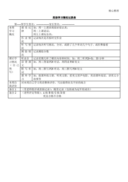 英语学习情况记录表格模板