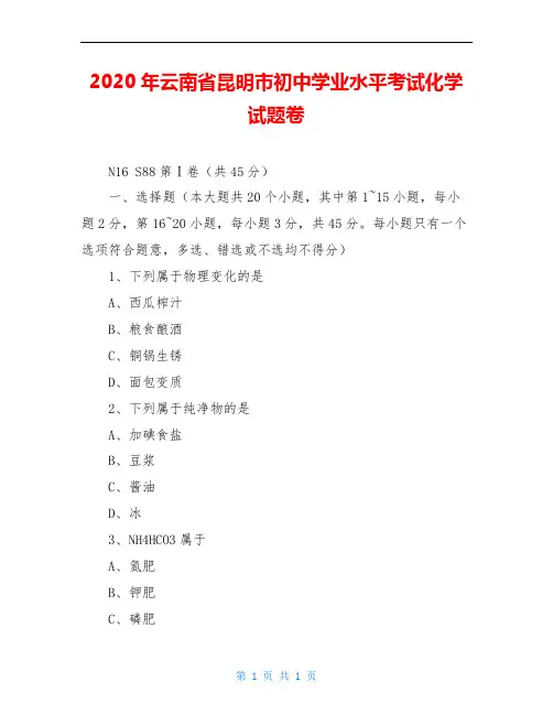 2020年云南省昆明市初中学业水平考试化学试题卷