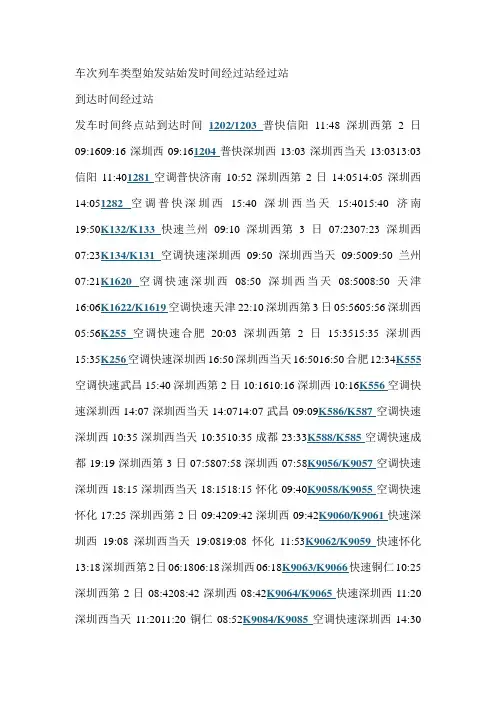 深圳西站列车时刻表(2012)