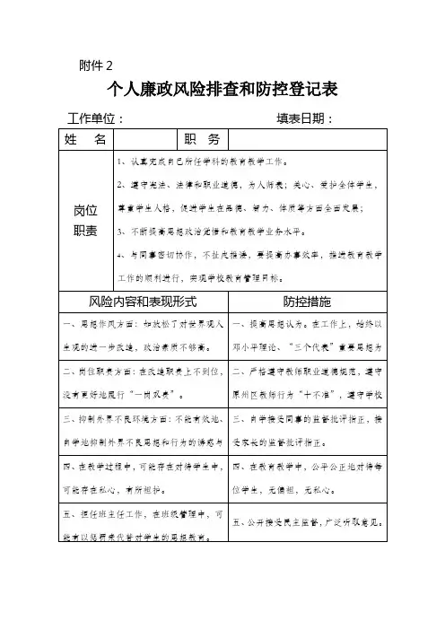 个人廉政风险排查和防控登记表