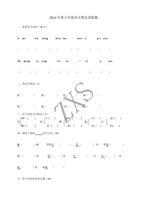 语文S版小学语文五年级上期期末测试试卷
