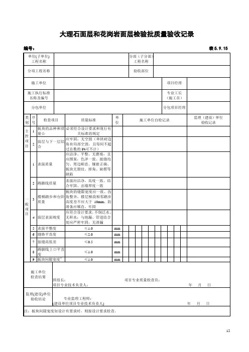 大理石面层和花岗岩面层检验批质量验收记录