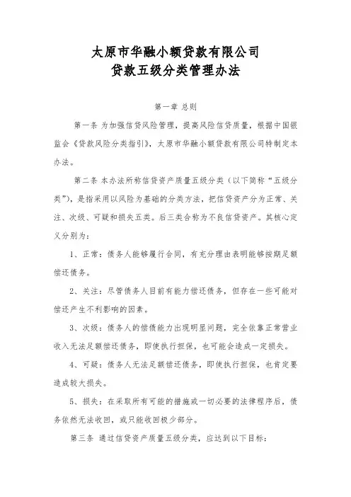 小额贷款公司贷款五级分类办法