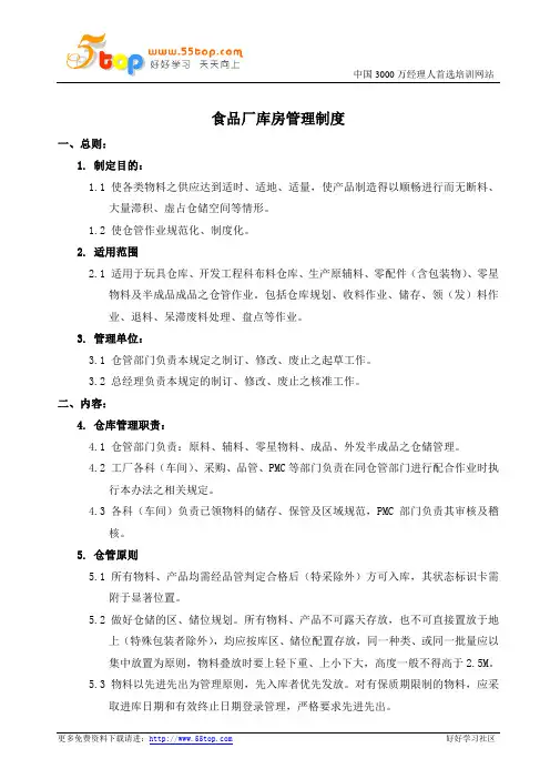 食品厂库房管理制度
