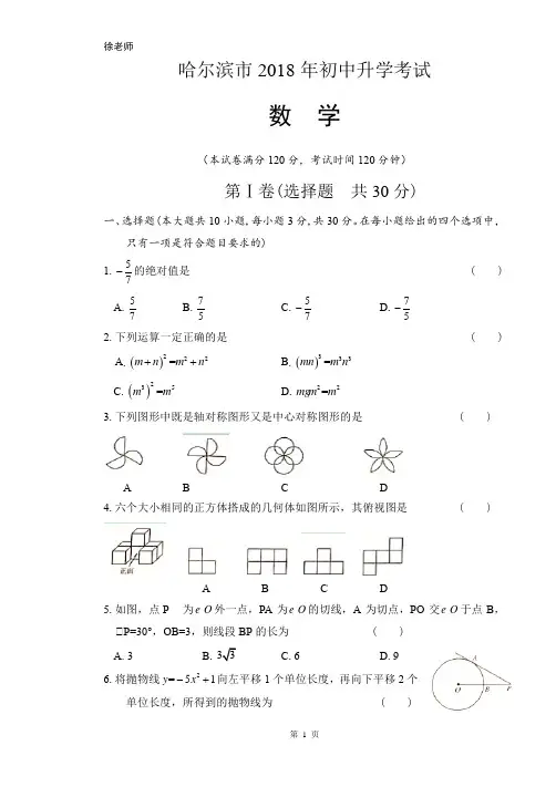 2018年黑龙江省哈尔滨市中考数学试卷