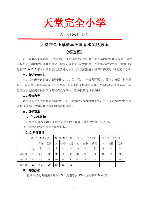 天堂完全小学教学质量奖惩方案