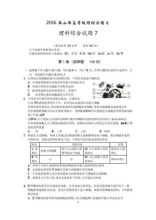 山西省2016届高三假期综合练习(七)理综试题 PDF版含答案
