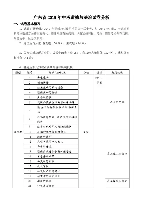 广东省2019年中考道法试卷分析报告