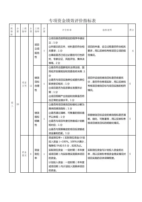专项资金绩效评价指标表