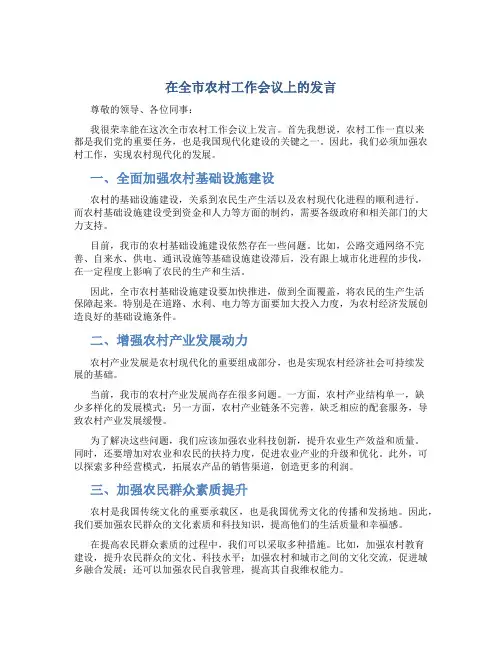 在全市农村工作会议上的发言