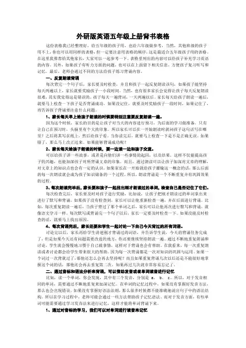 外研版英语五年级上册背书表格