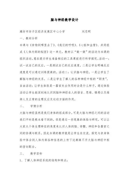 推荐精品小学科学青岛版(六三制)五年级下册脑与神经优质课教案