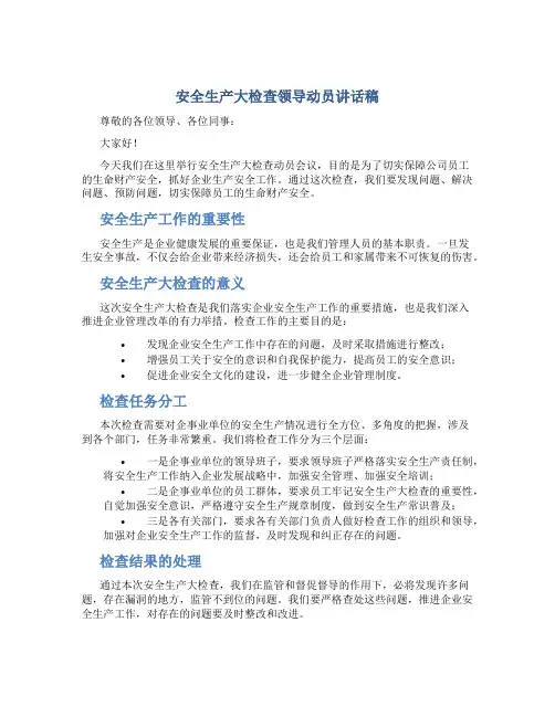 安全生产大检查领导动员讲话稿
