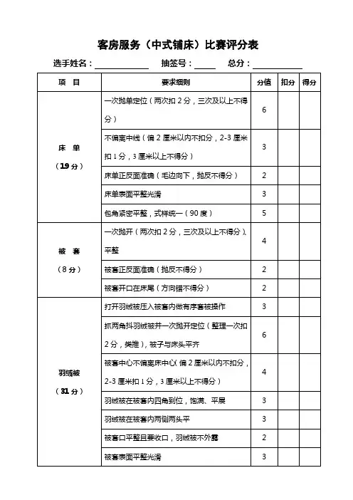 客房服务(中式铺床)评分表