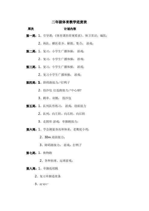 二年级体育教学进度表1