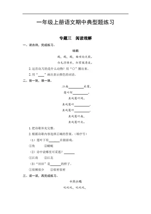 【期中高频考点】一年级上册语文典型题练习 专题三 阅读理解(人教部编版,含答案)