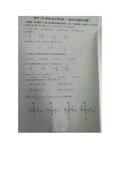 广西南宁市第二中学2018-2019学年高一上学期期末考试数学试题 扫描版含答案