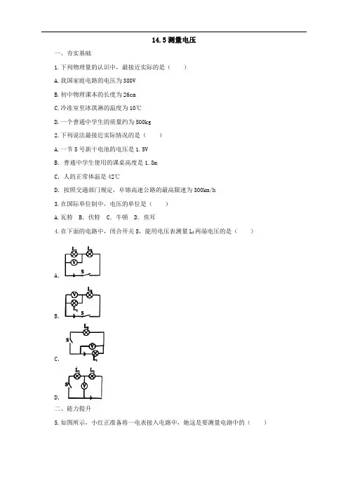 2019年秋沪科版物理九年级同步练习：14.5测量电压
