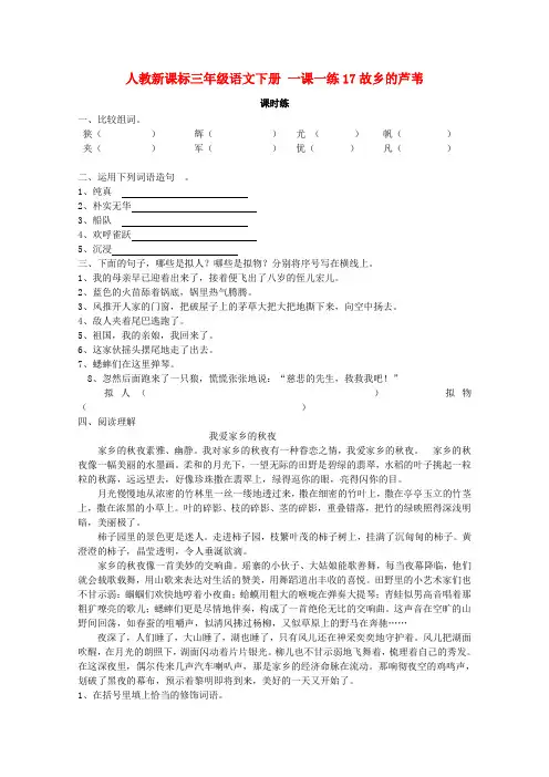 三年级下册语文一课一练-17故乡的芦苇 湘教版(含答案)
