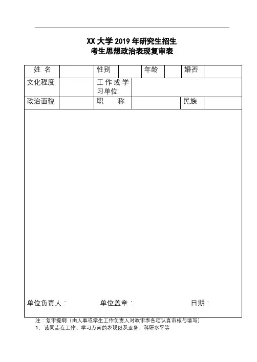 XX大学2019年研究生招生考生思想政治表现复审表【模板】