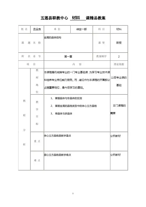 金属材料与热处理第一章第一节金属的晶体结构