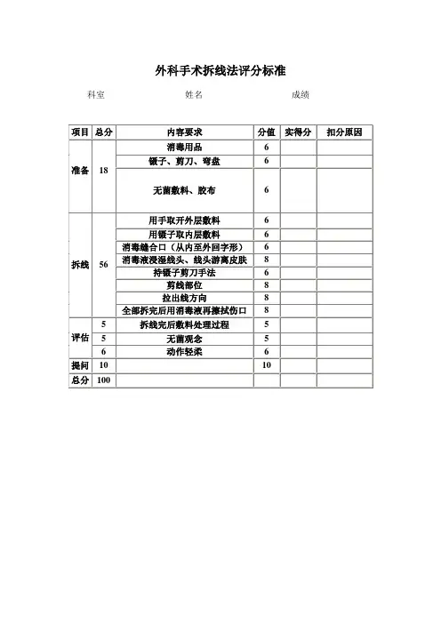 外科手术拆线法评分标准