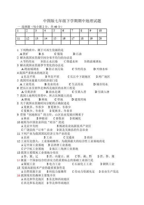2017中图版七年级地理下册期中地理试卷