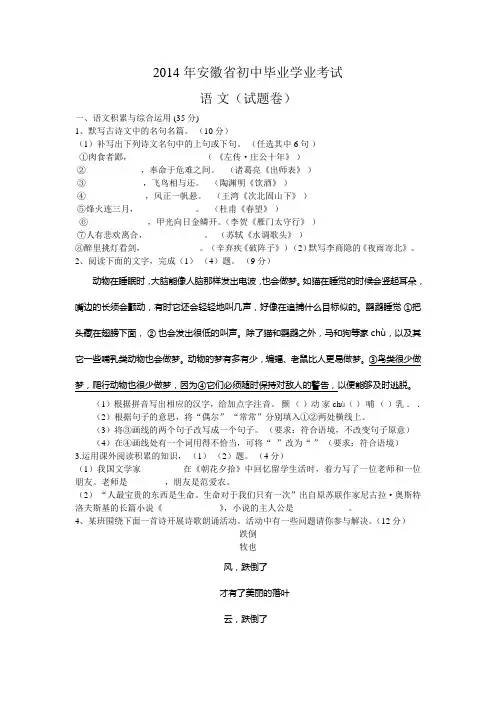 2014安徽中考语文试题(附答案)