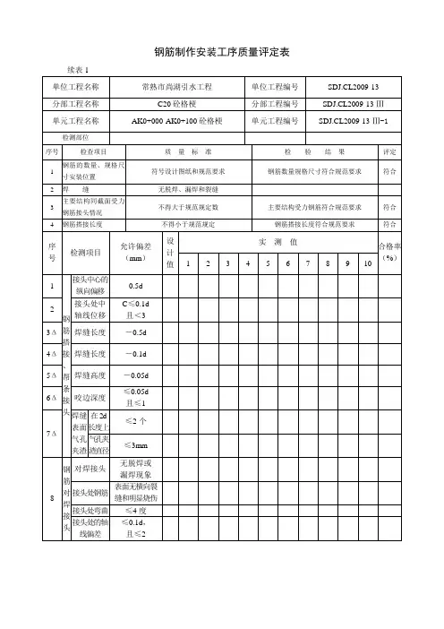 钢筋制作安装工序质量评定表
