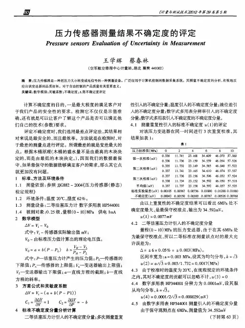 压力传感器测量结果不确定度的评定 2