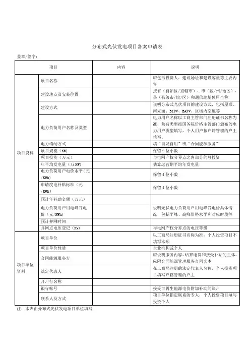 分布式光伏发电项目备案申请表
