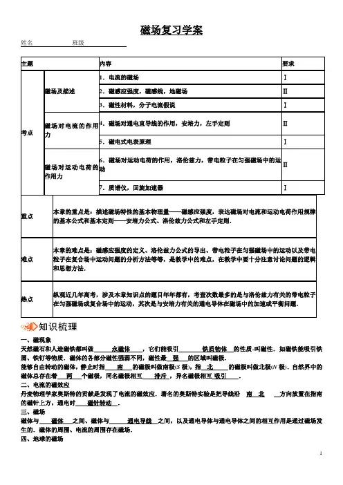 人教版 高二物理 选修3-1 第三章 磁场 知识点学案(含答案)