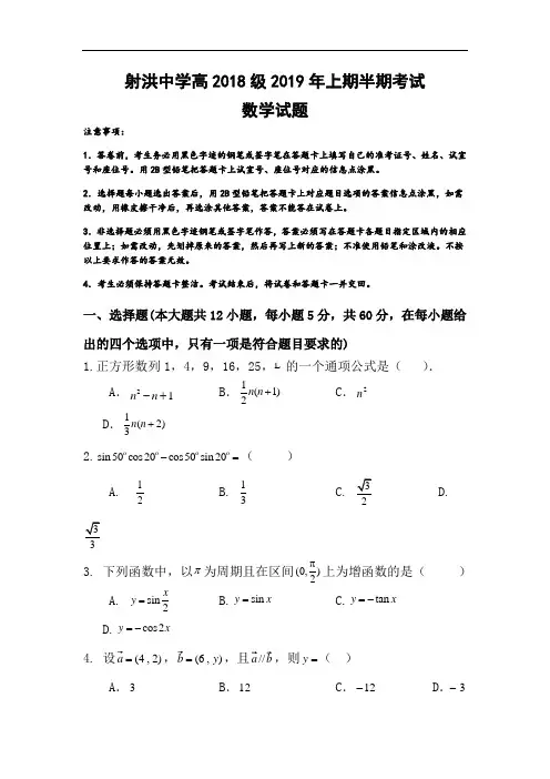 四川省遂宁市射洪中学2018-2019学年高一下学期半期考试数学试卷