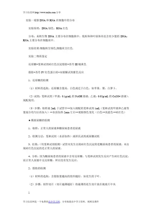 高中生物必修实验知识点总结