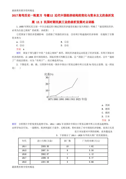 2020高考历史一轮复习专题12近代中国经济结构的变化与资本主义的曲折发展12.2民国时期民族工业的曲折发展对