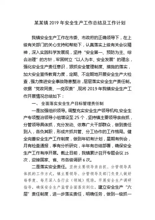 2019年安全生产工作总结及工作计划