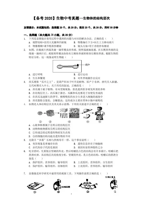 【备考2020】生物中考真题01—生物体的结构层次(含答案)